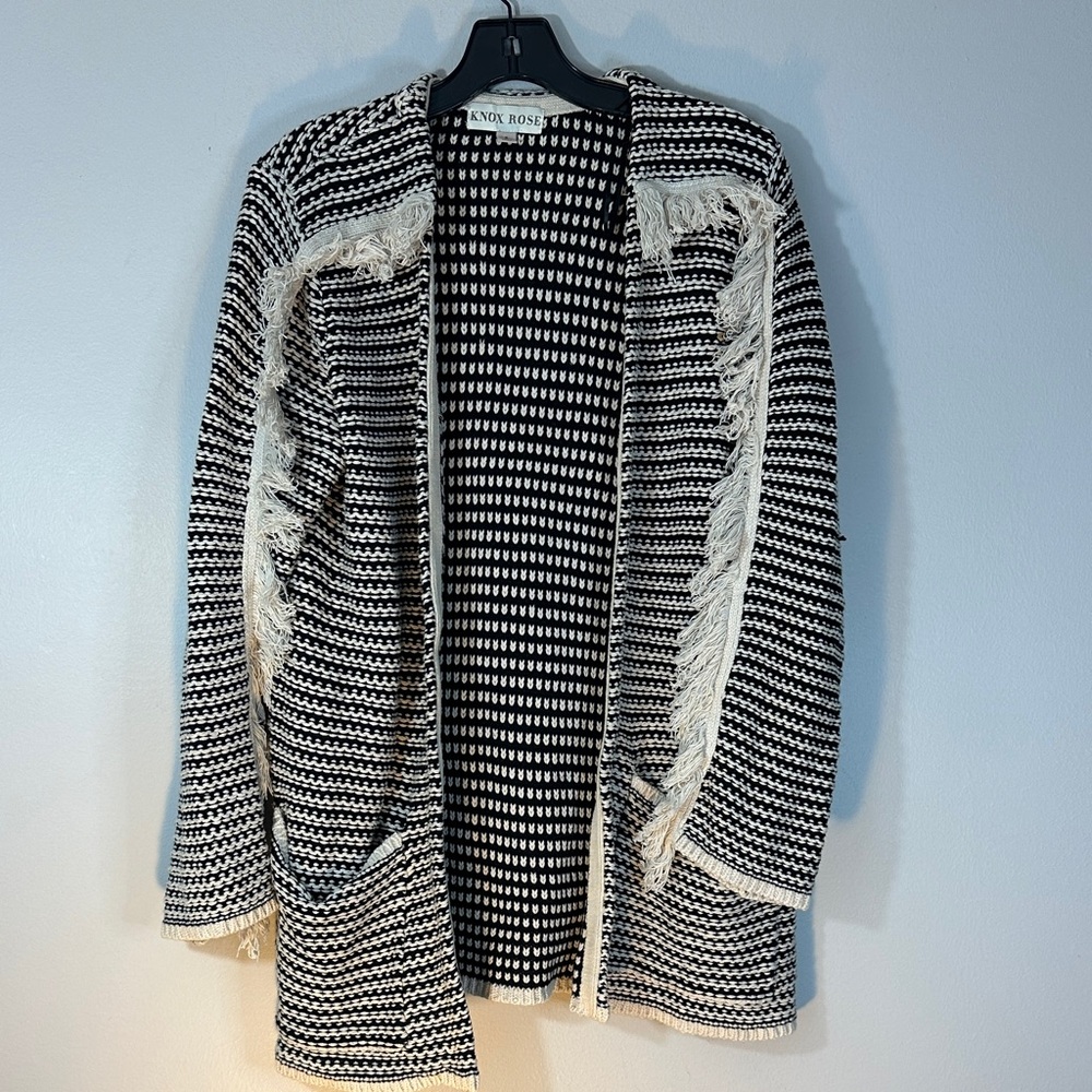 Knox Rose Black & Cream strip fringe Knit Cardigan size S